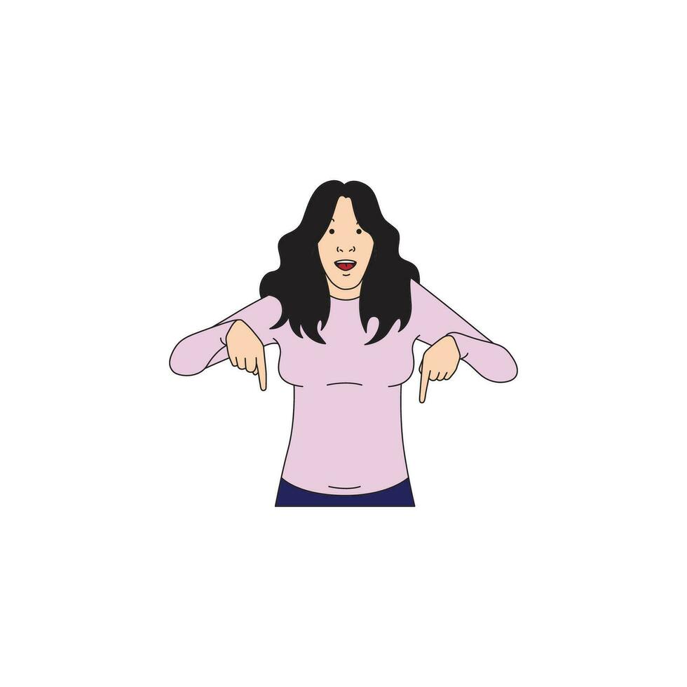 the long-haired woman pointed downwards with both hands vector