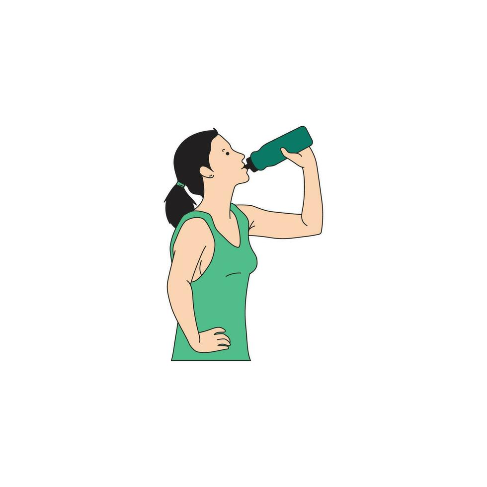 a woman with pigtails is drinking water in a tracksuit vector
