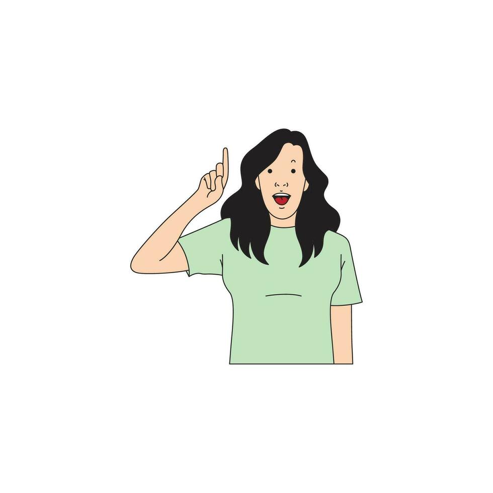 a woman with long hair is pointing her index finger up vector