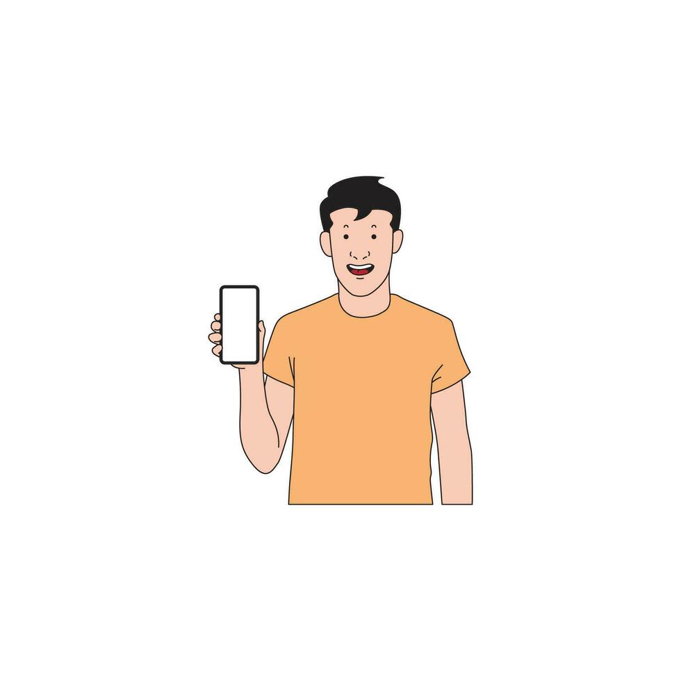 a man is showing his cell phone vector