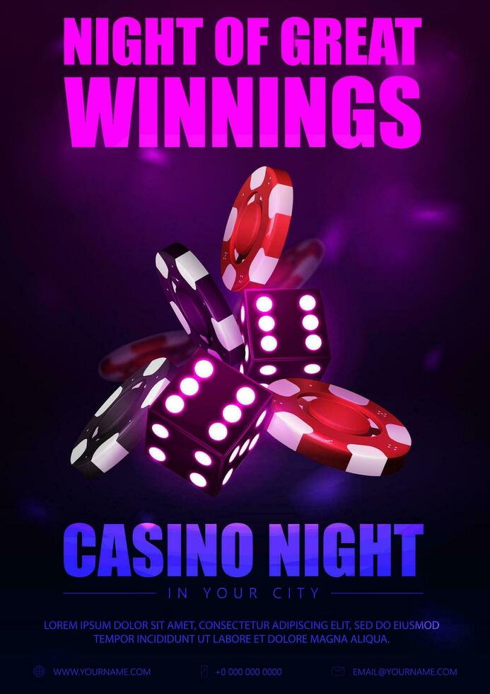 Casino night, violet poster with neon 3D dice with red and black realistic gambling stack of casino chips vector