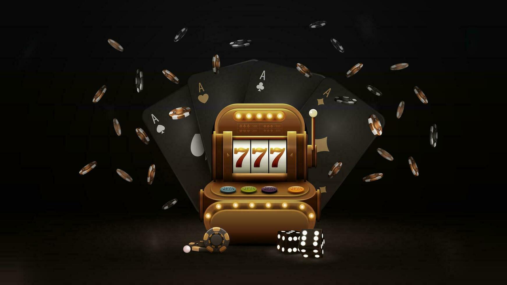 Casino Slot Machine with black playing cards, dice and chips in dark scene vector