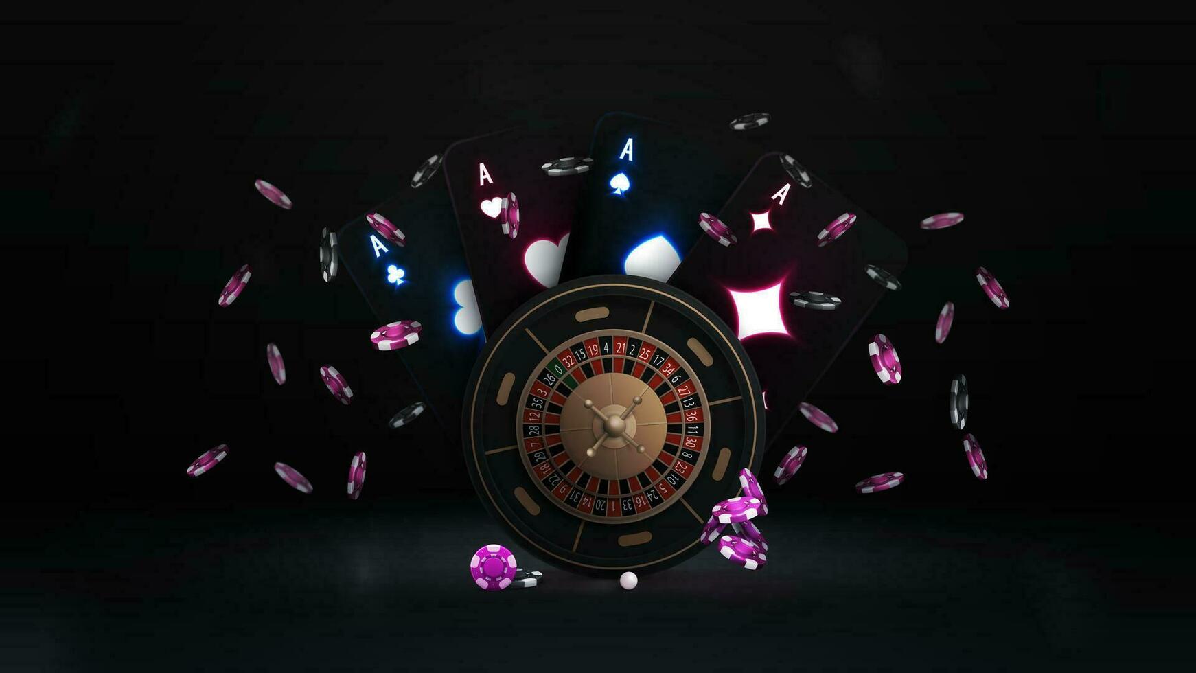 Casino Roulette wheel with black playing cards with glowing neon lights and chips in dark scene vector