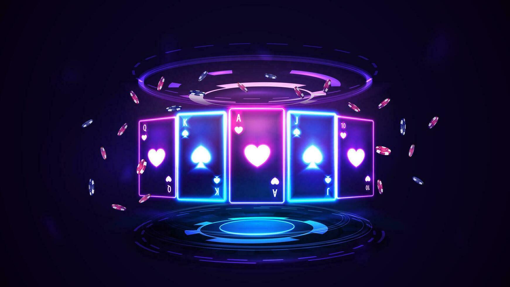 Neon Casino playing cards with poker chips in hologram of digital rings in dark empty scene vector