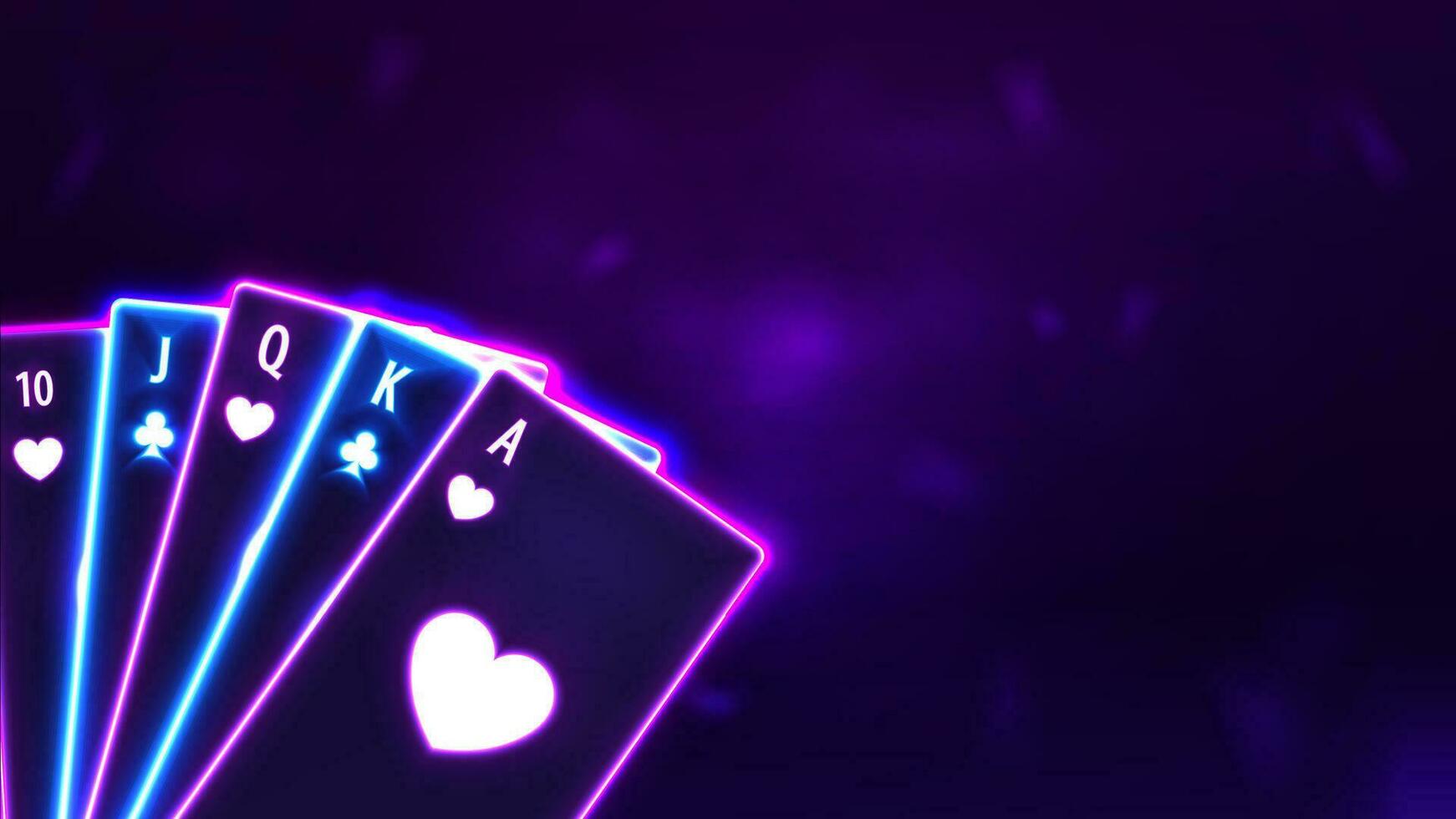 Casino background design with neon playing cards on purple background. vector