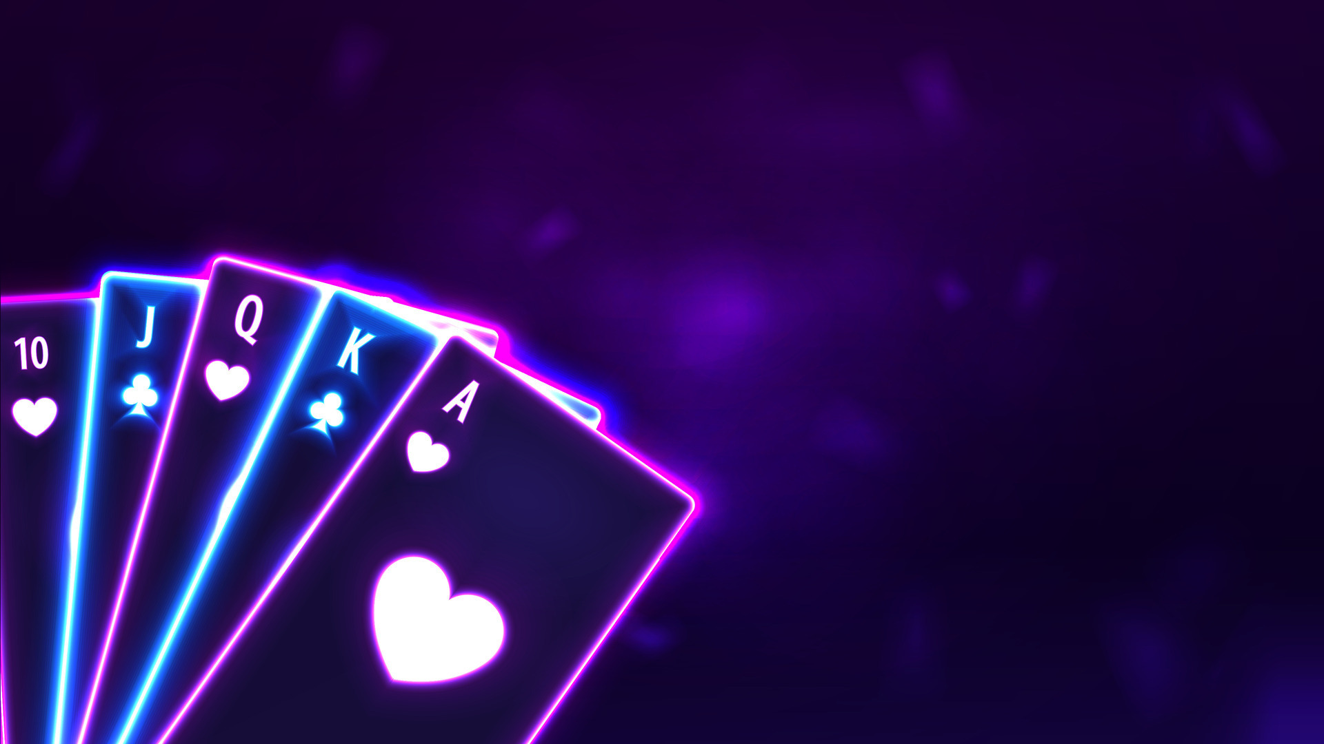 Casino background design with neon playing cards on purple background