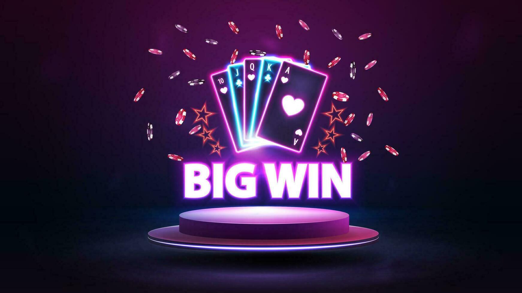 Big win, neon cards and falling chips on purple podium vector