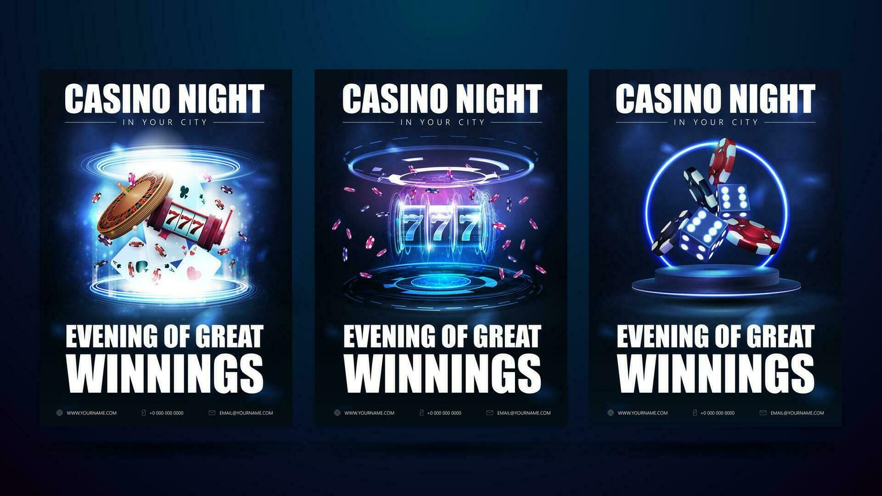 Casino night, set of blue digital invitation posters with slot machine, roulette wheel, playing cards, dice and poker chips vector