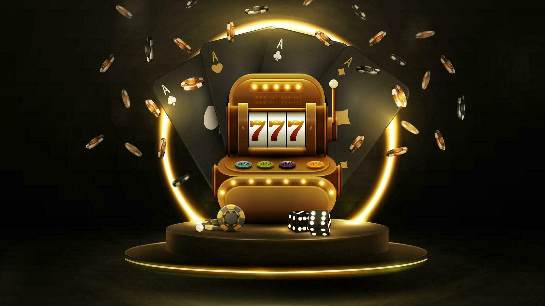 Black poster with black playing cards, slot machine, dice and chips on podium with gold neon ring on background vector