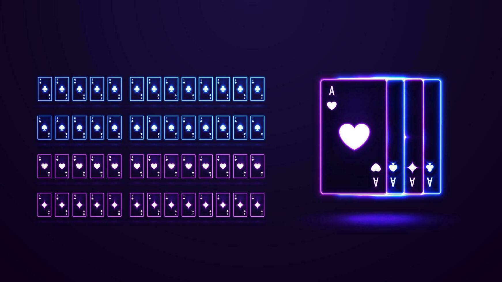 Pink and blue shine neon casino playing cards. Poker 3D neon playing cards, full deck. vector