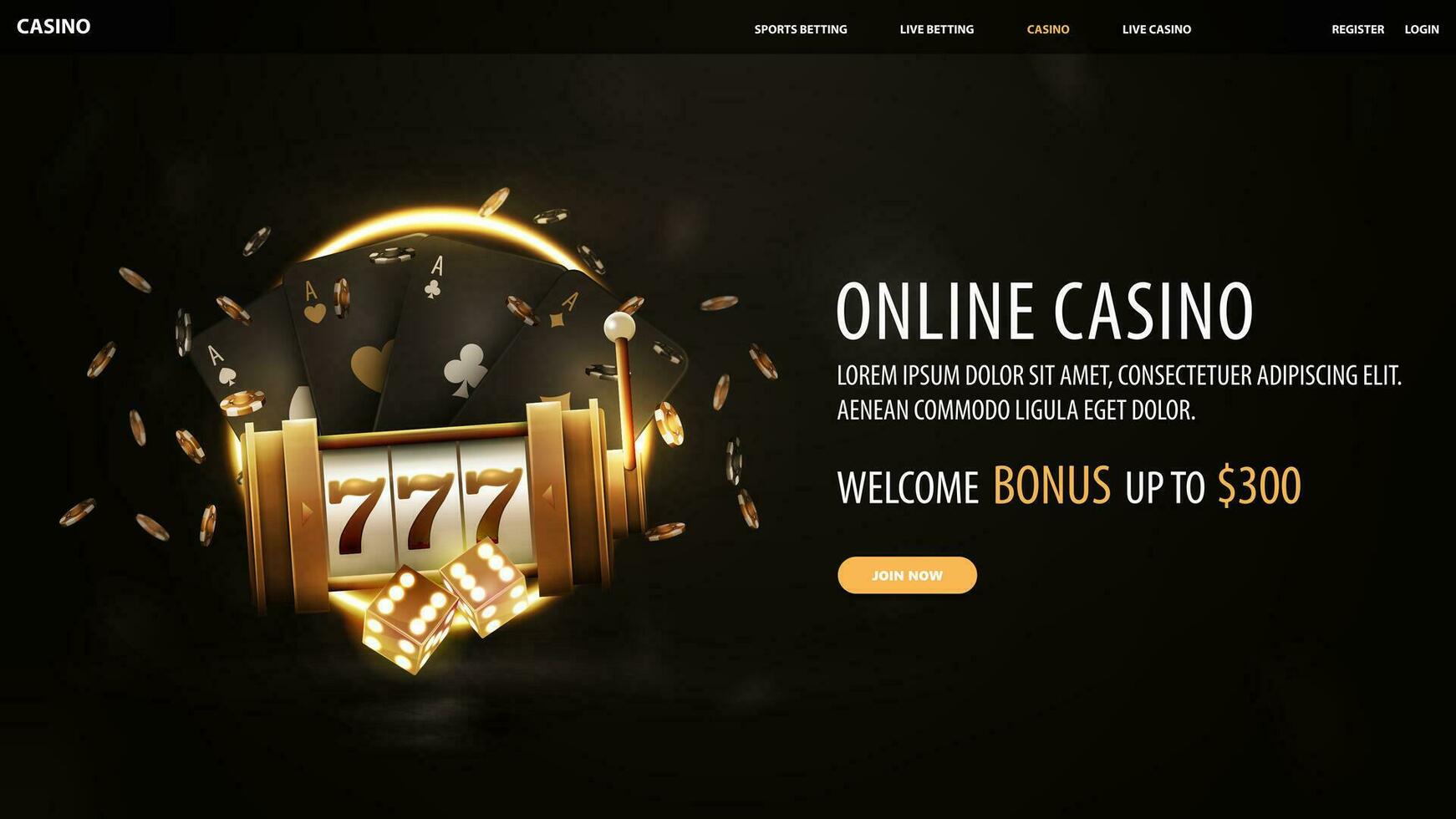 Online casino, black banner with welcome bonus, button, gold casino slot machine, dice, black playing cards and neon ring vector