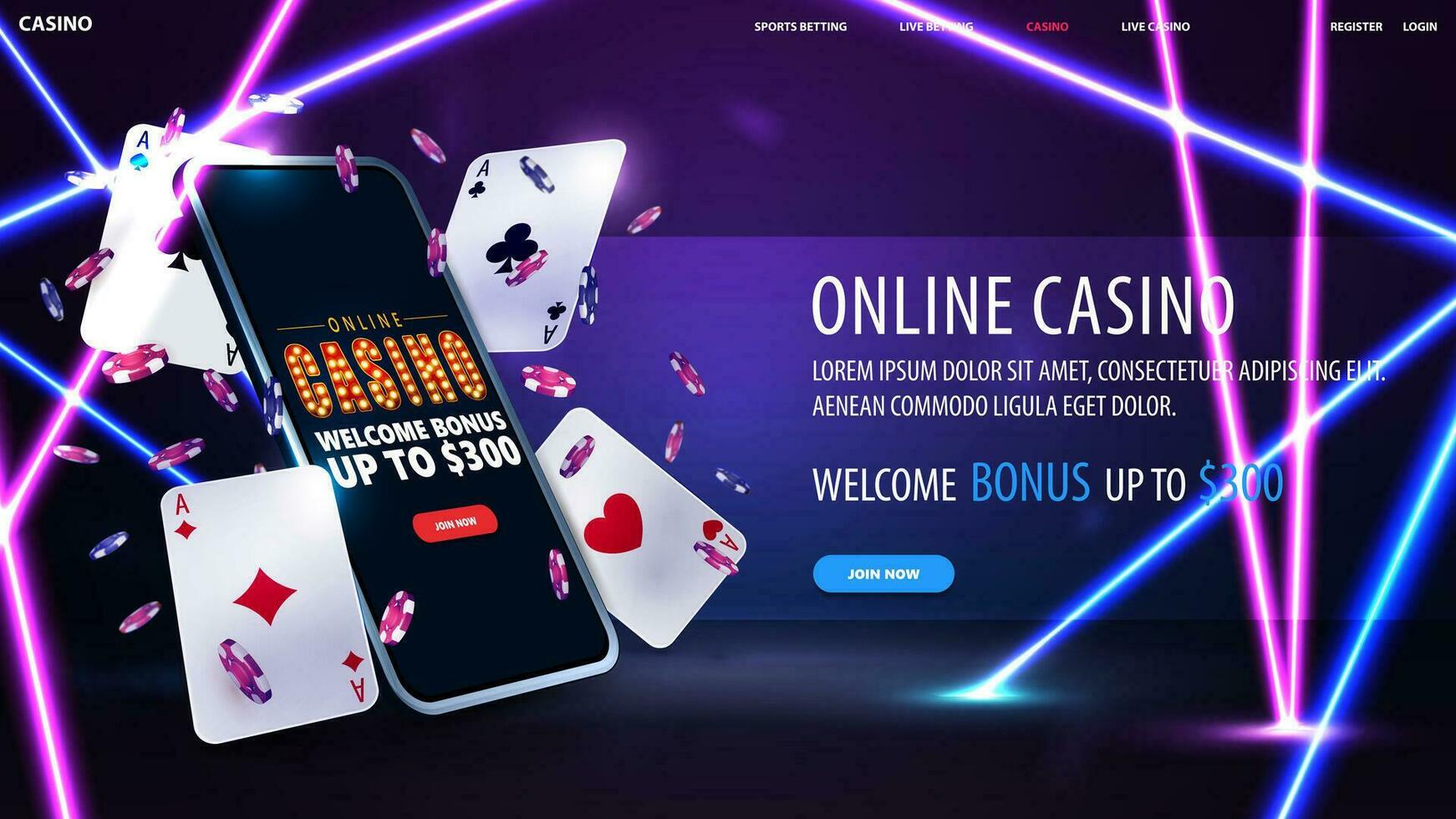 Online casino, banner for website with button, smartphone, poker chips and playing cards in purple scene with blue and pink neon line rays vector