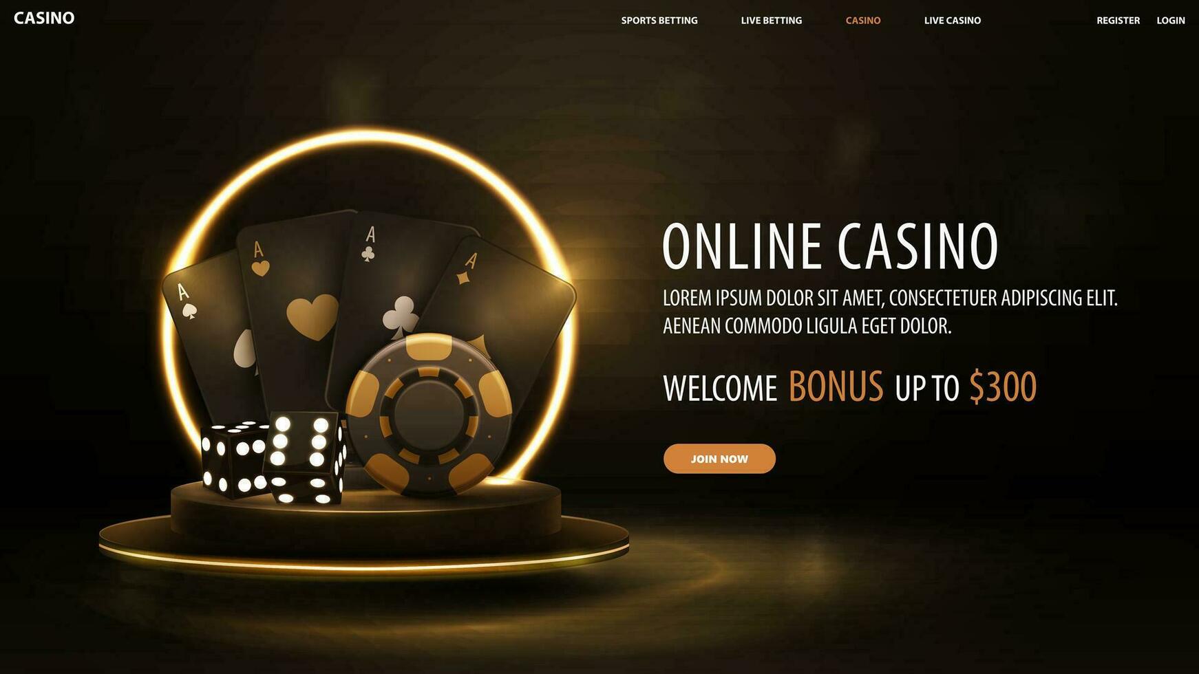 Online casino, black banner with welcome bonus, button, gold casino playing cards, dice and poker chips on gold podium with yellow neon ring on background vector