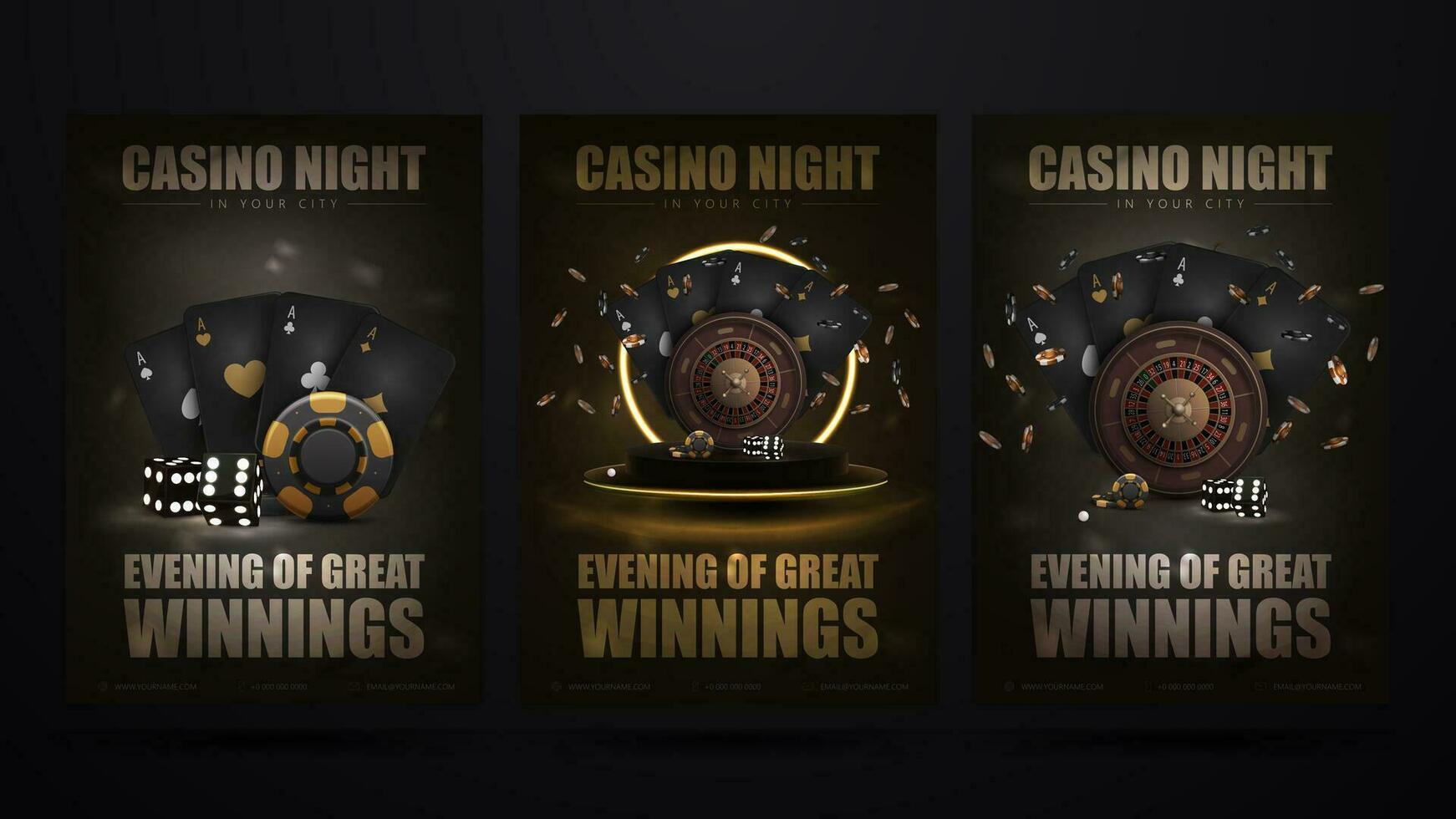 Casino night, set of invitation black posters with black and gold casino elements. Posters with Casino Roulette wheel, playing cards and poker chips vector