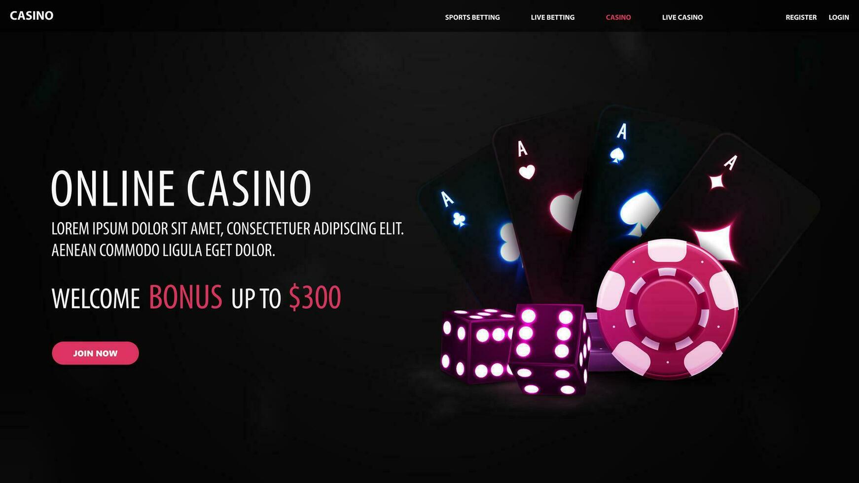 en línea casino, negro web bandera con oferta, negro jugando tarjetas, dado y casino papas fritas vector