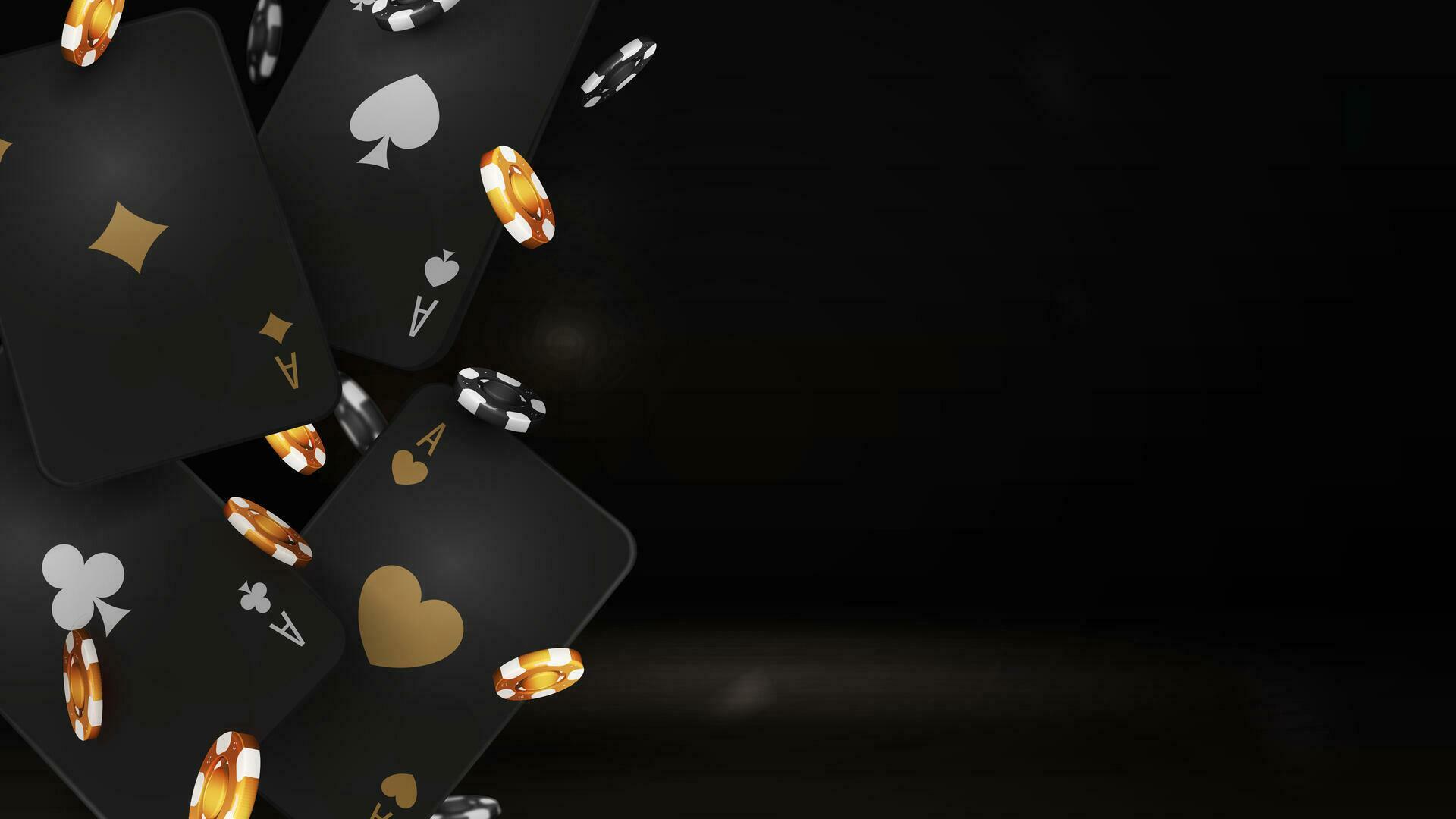 Black and gold falling casino playing cards with poker chips on black