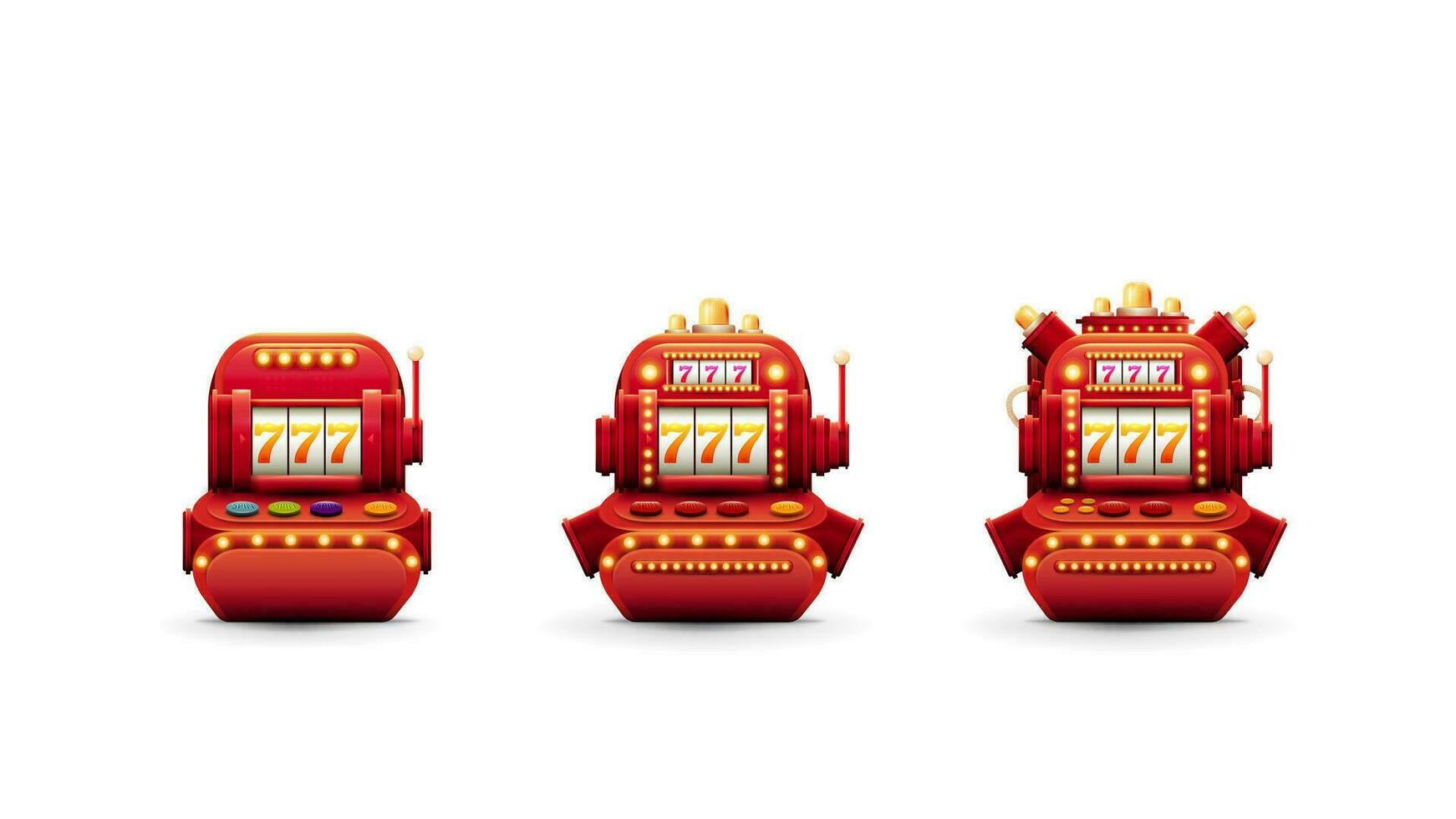 Red volumetric slot machines with jackpot in cartoon style isolated on white background. Steps upgrade of slot machine vector