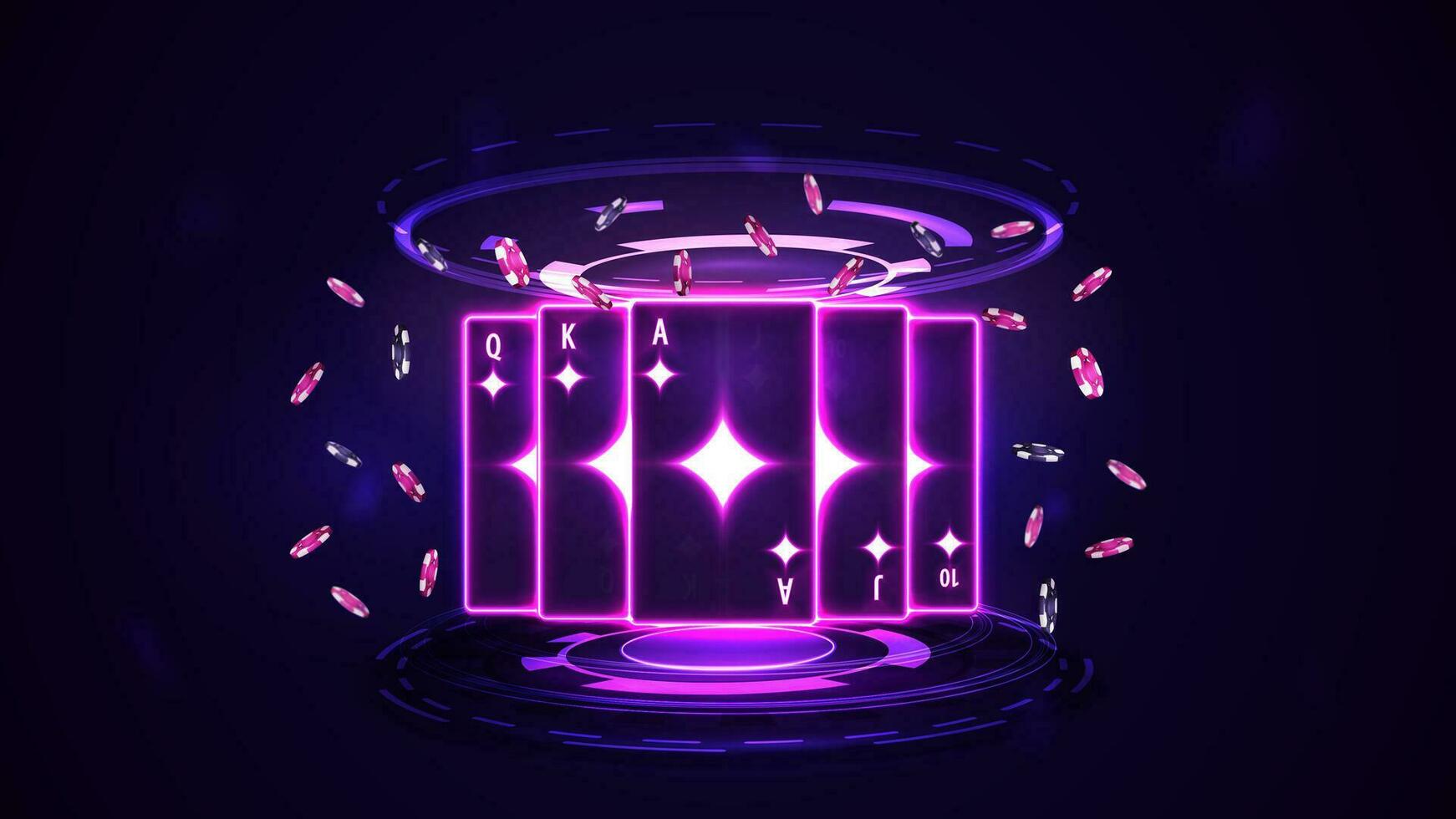 rosado brillar neón casino jugando tarjetas con póker papas fritas en holograma de digital anillos en oscuro vacío escena. diamante real enjuagar vector