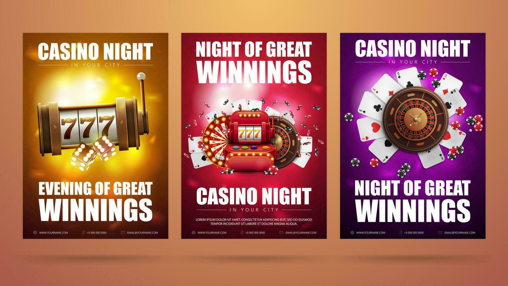 Collection of invitation posters with casino elements. Posters with slot machine, roulette wheel, playing cards, wheel of fortune and poker chips vector