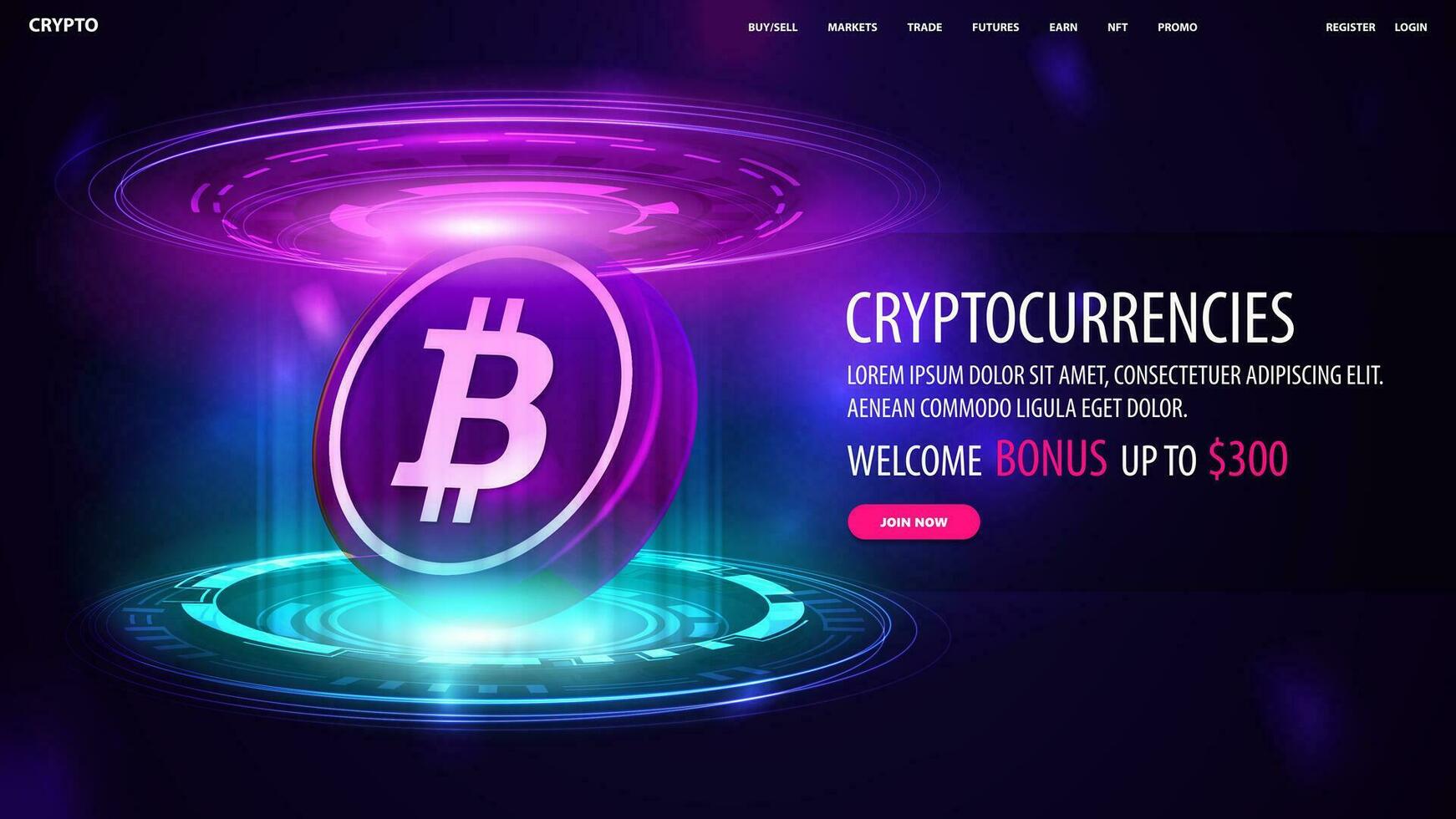 bandera para sitio web con oferta y 3d moneda de bitcoin en azul y rosado holograma de digital anillos en oscuro habitación vector