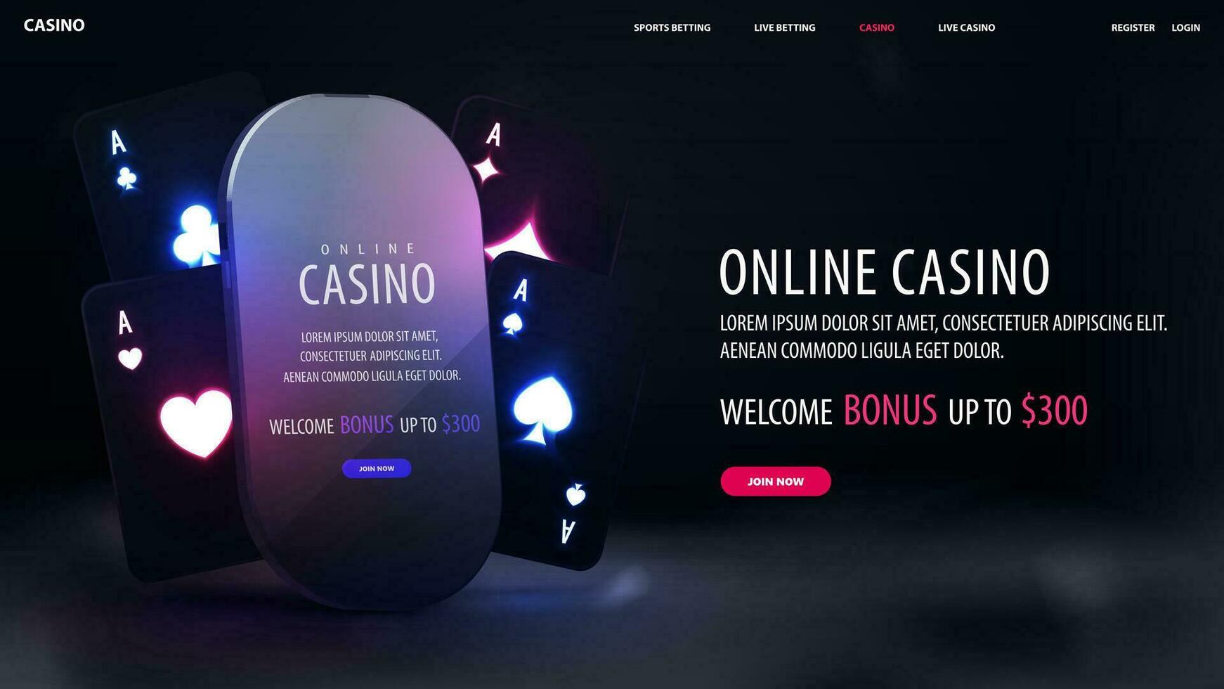 en línea casino, negro web bandera con oferta, teléfono inteligente y negro neón jugando tarjetas vector