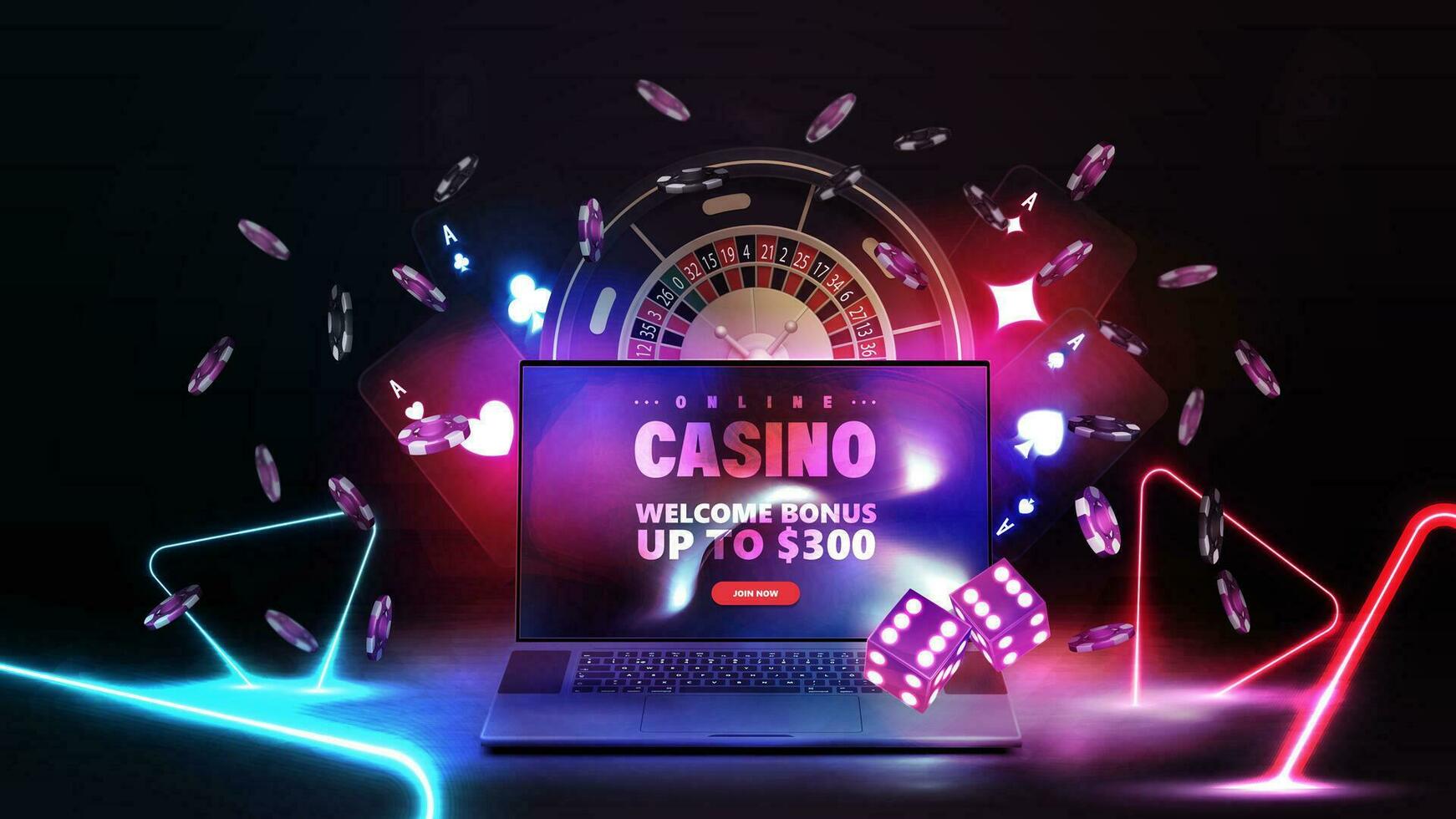 Online casino, poster with laptop, casino Roulette wheel, black playing cards with glowing neon lights, dice, poker chips and neon triangles around. vector