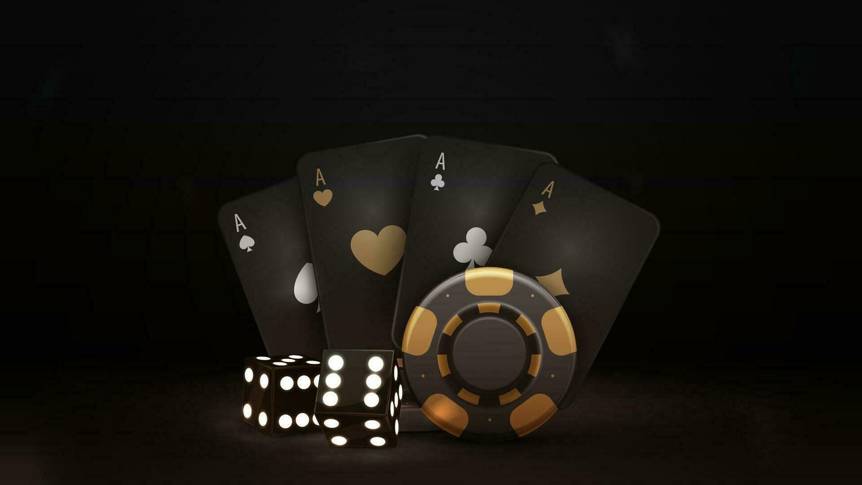 Black and gold playing cards, dice and black casino chips in dark scene vector