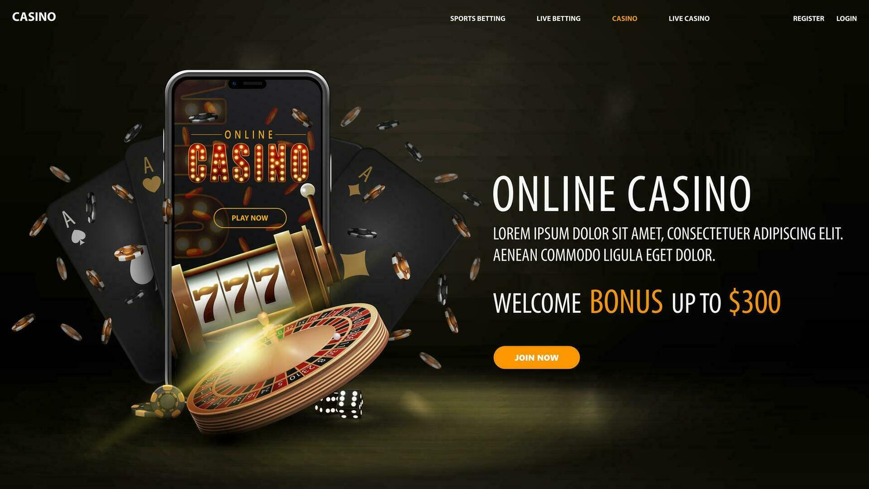 Online casino, black and gold web banner with offer, smartphone, slot machine, Casino Roulette, poker chips and playing cards. vector
