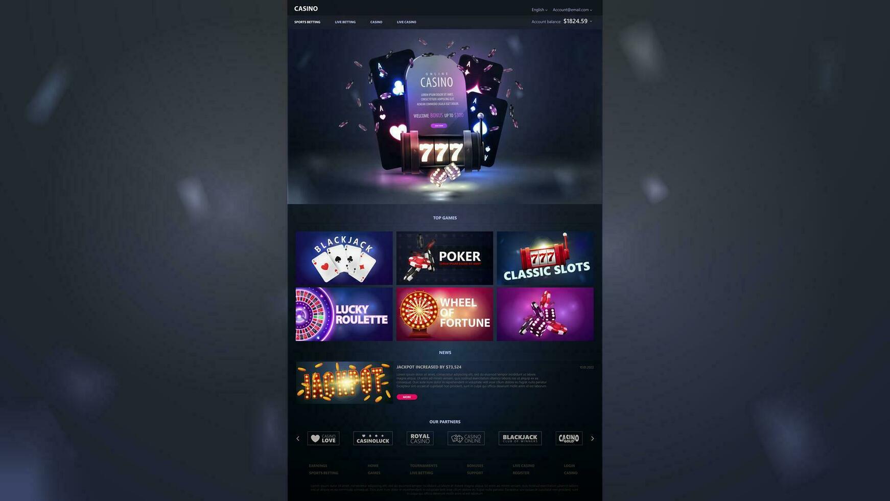 Dark and blue template of online casino website with casino elements. vector