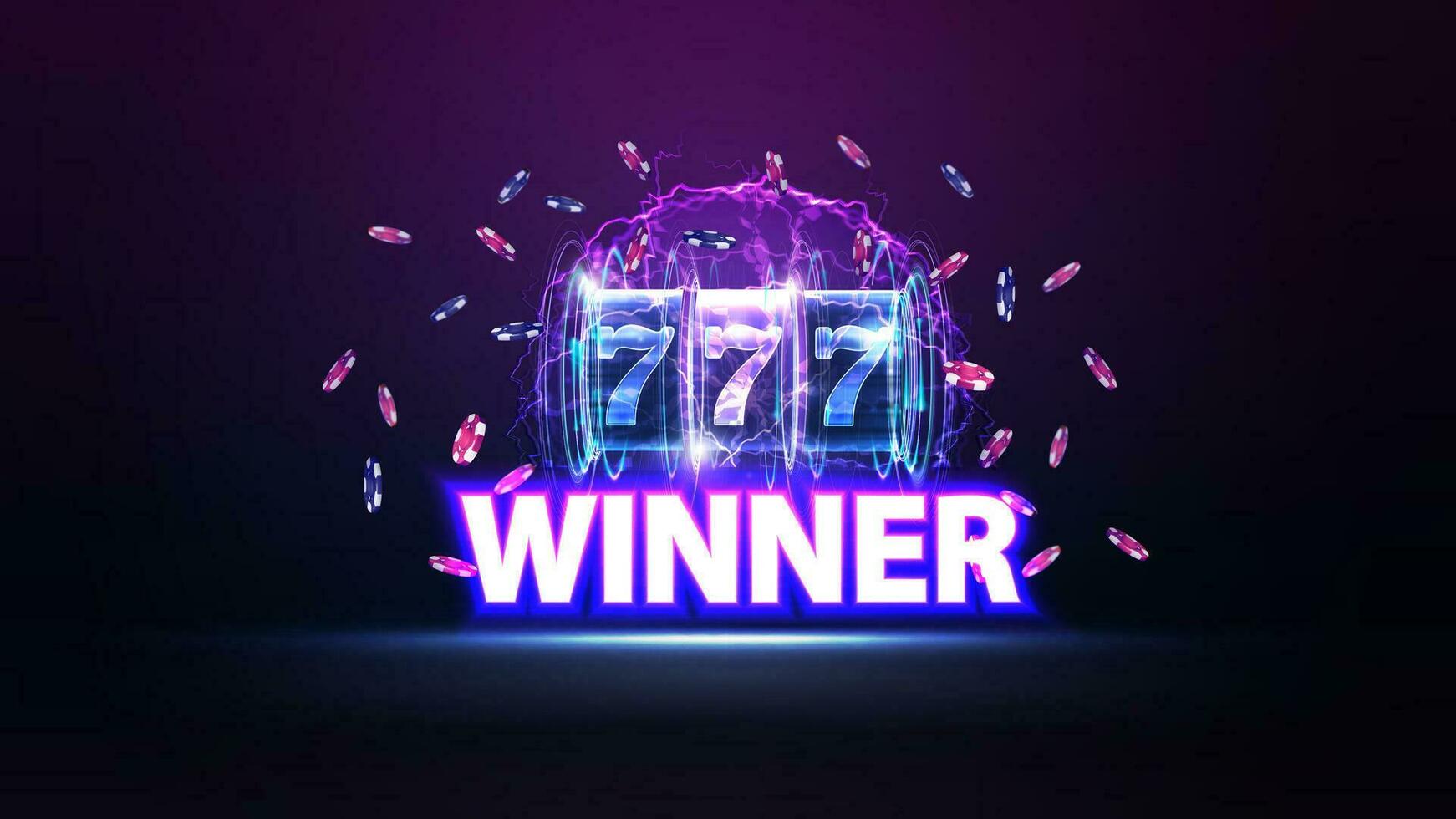 Winner, neon symbol with slot machine with jackpot and poker chips in dark empty scene vector