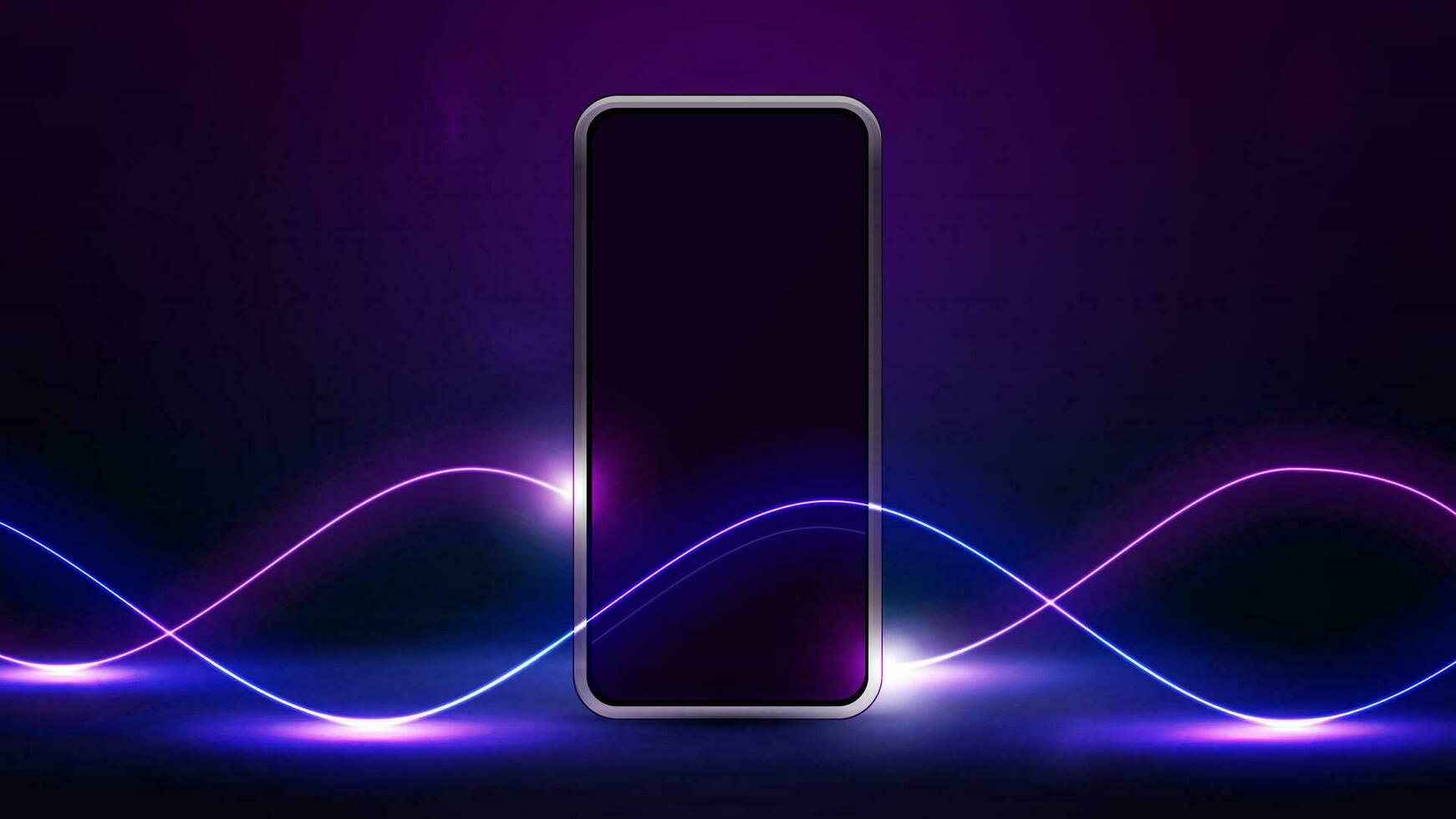 Smartphone on floor in empty scene with neon wave line lasers vector