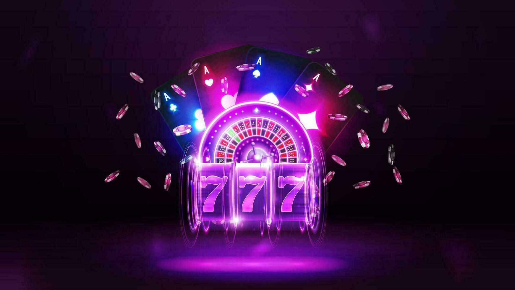 Casino poster with purple neon casino roulette, neon slot machine, neon playing cards and poker chips on dark background vector