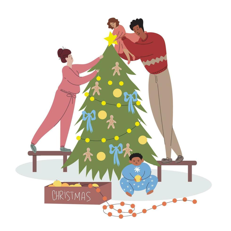 Christmas illustration with an interracial family decorating the Christmas tree. Mom, dad, son and daughter are preparing for Christmas. Little girl putting a star on the Christmas tree vector