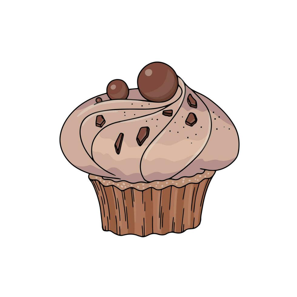 Chocolate cupcake with cream, chocolate chips and sphere isolated on white background. Muffin with topping vector