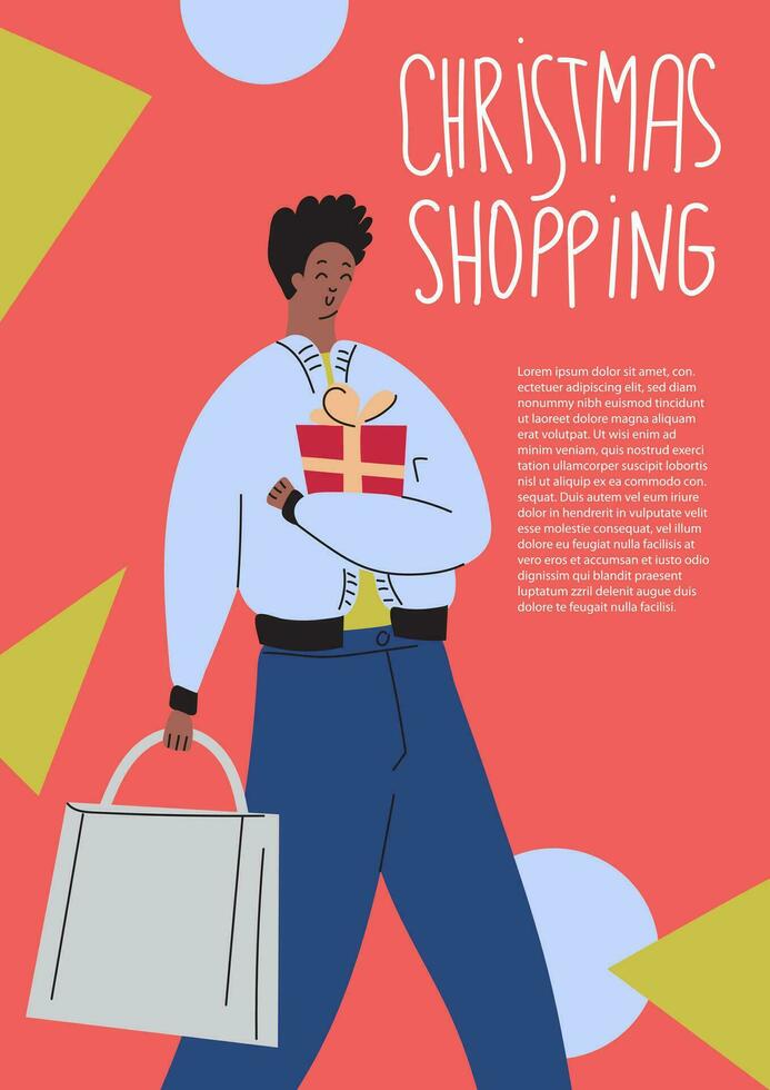 Christmas shopping poster template. Illustration with afro american man with shopping and gifts. Cartoon character with presents vector