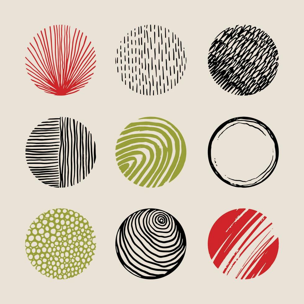 Set of grunge circles, stamps, stickers, frames. Hand drawn circle shape with lines, stains, spots, dots, waves, scribbles, brush stroke. Artistic design elements. Patterned circle vector