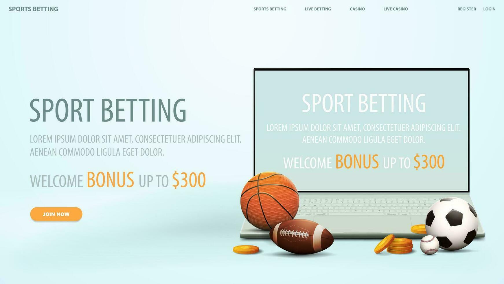 Sport betting, white web banner with interface elements, laptop and sport balls vector