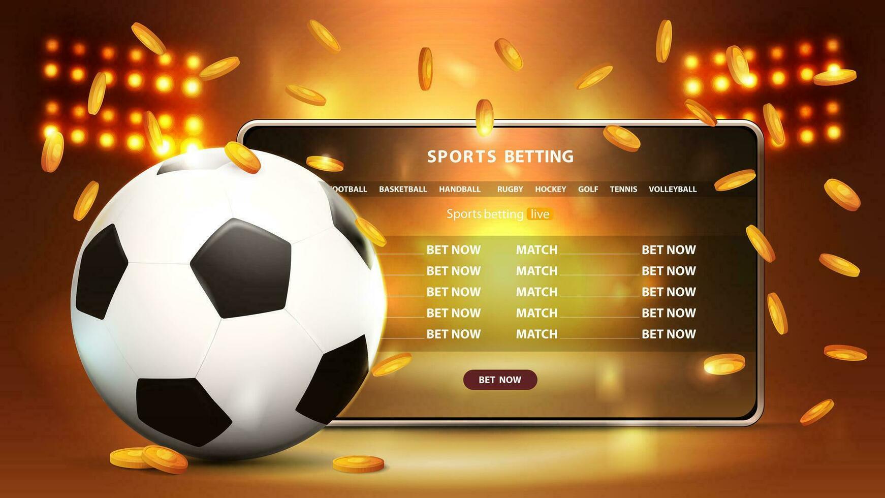 Sports betting, orange banner for website with tablet and football ball on background with stadium arena with spotlights vector
