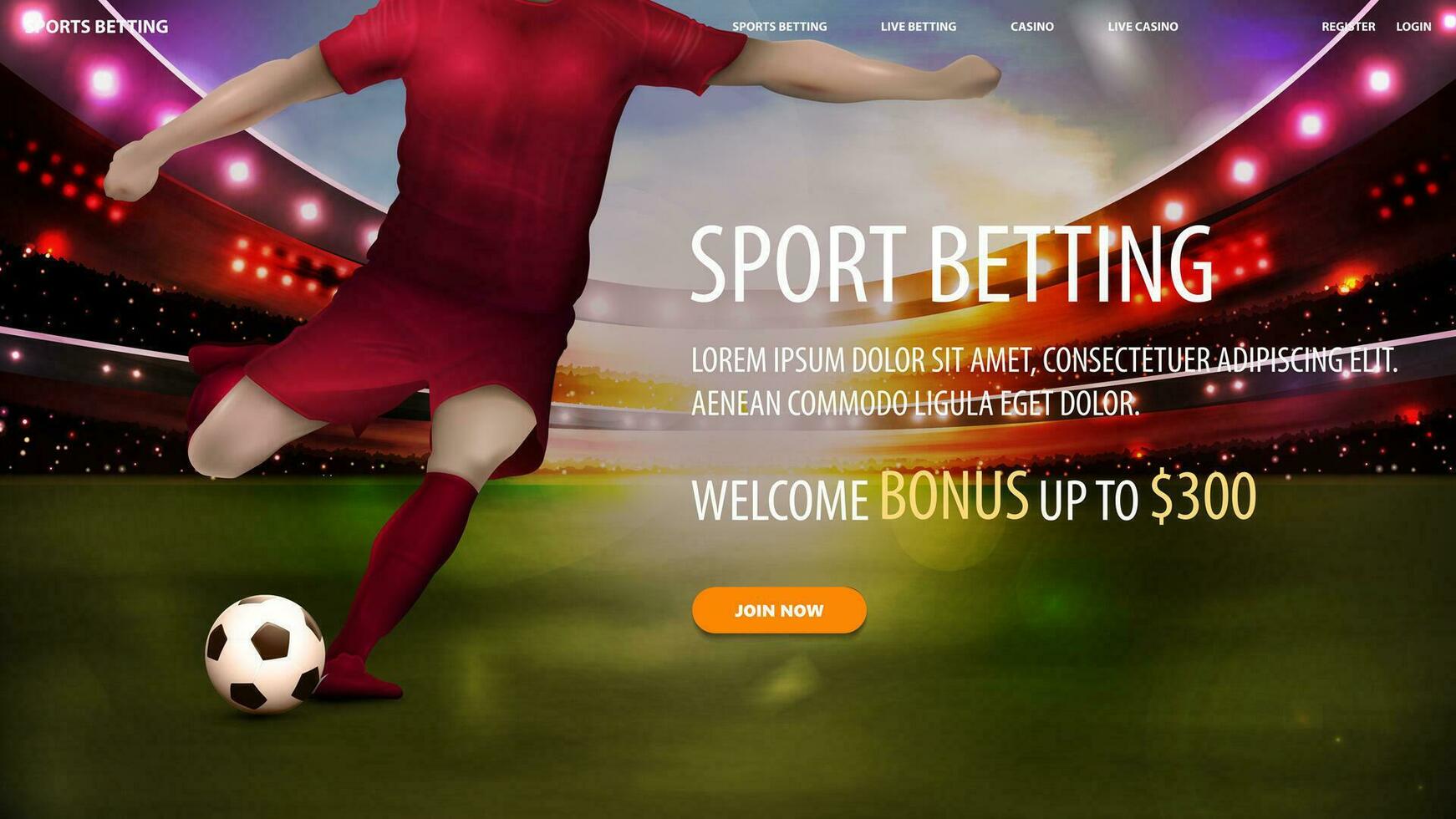 Deportes apuesta, web bandera para sitio web con fútbol jugador, oferta y estadio arena con focos en antecedentes vector