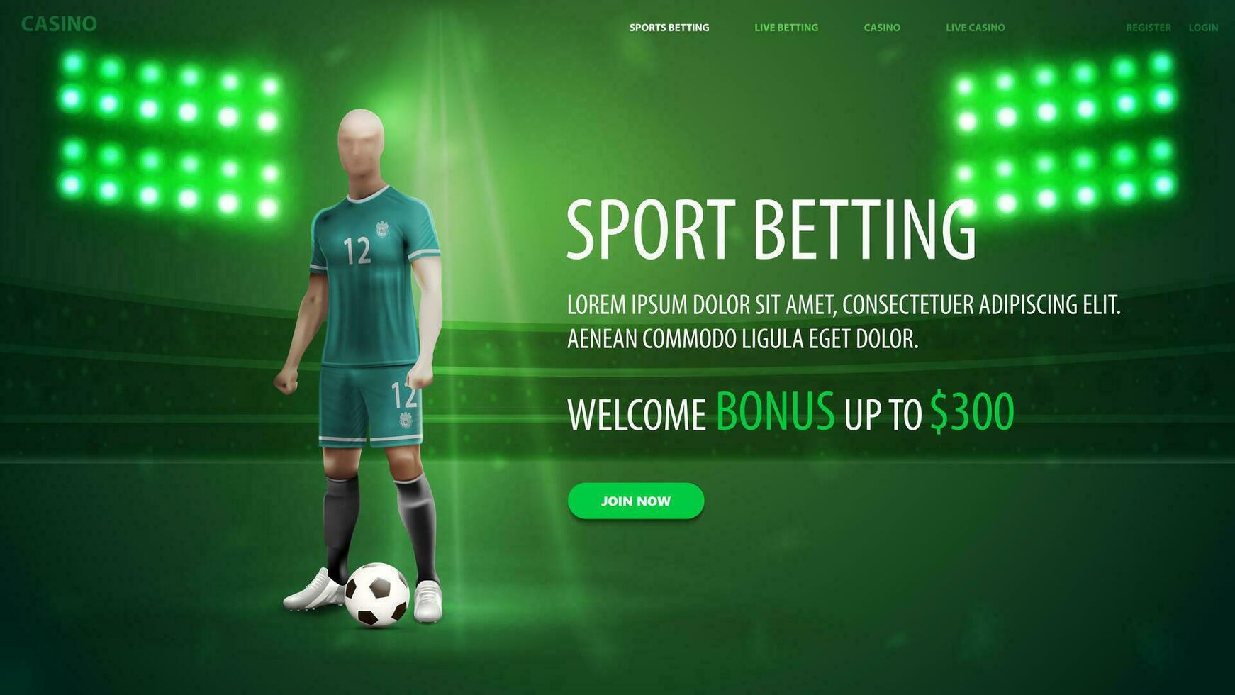 Sports betting, green banner for website with soccer player, offer and stadium on background vector