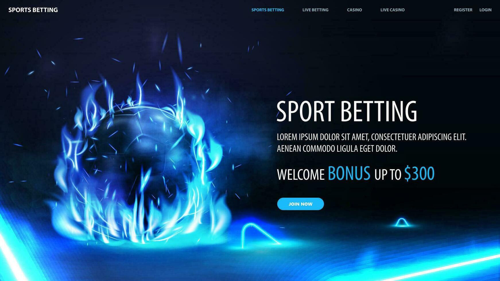 Sports betting, blue banner for website with offer and black football ball in blue flame vector