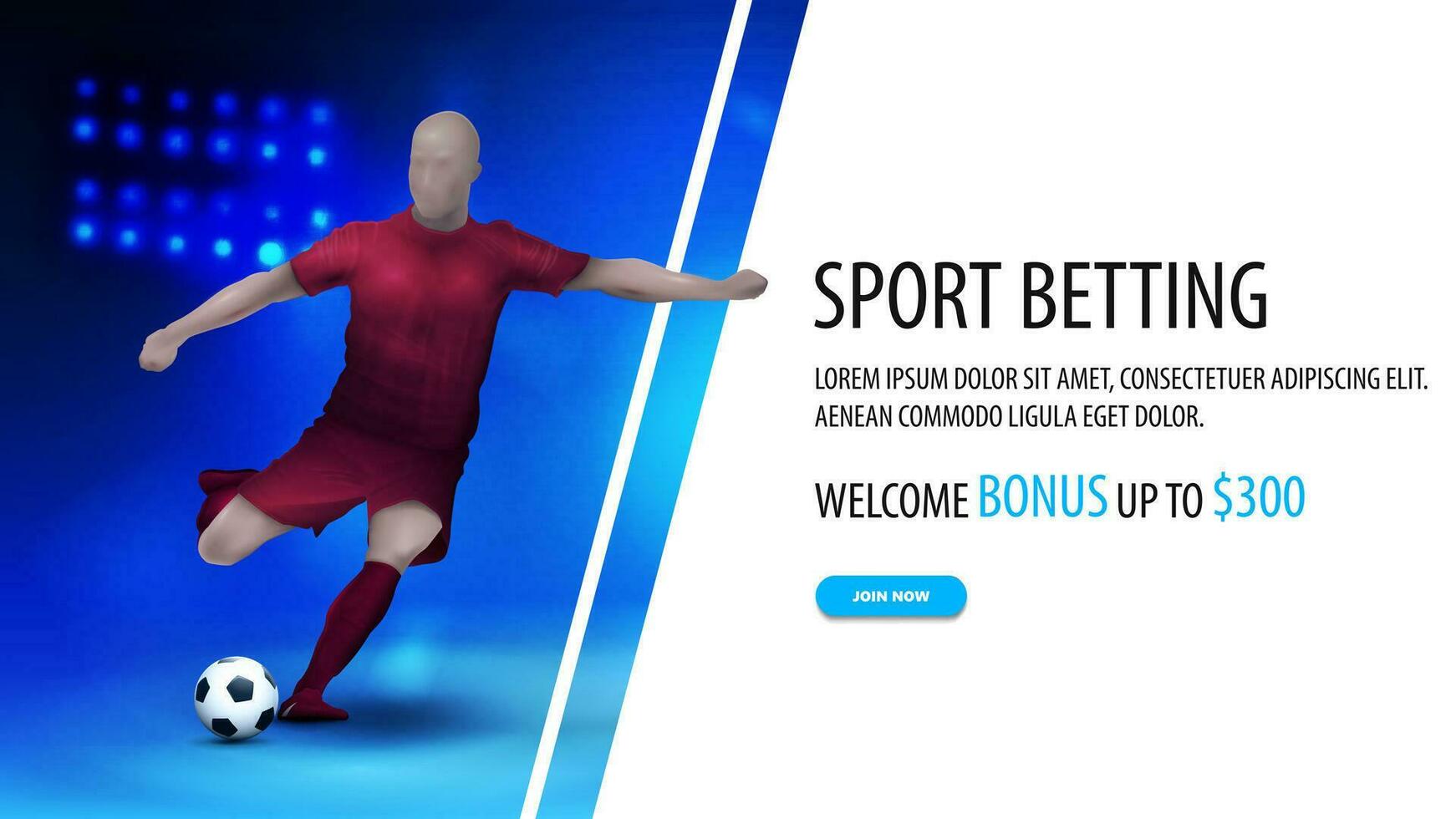 Sports betting, white and blue banner with soccer player on background with stadium arena with spotlights vector