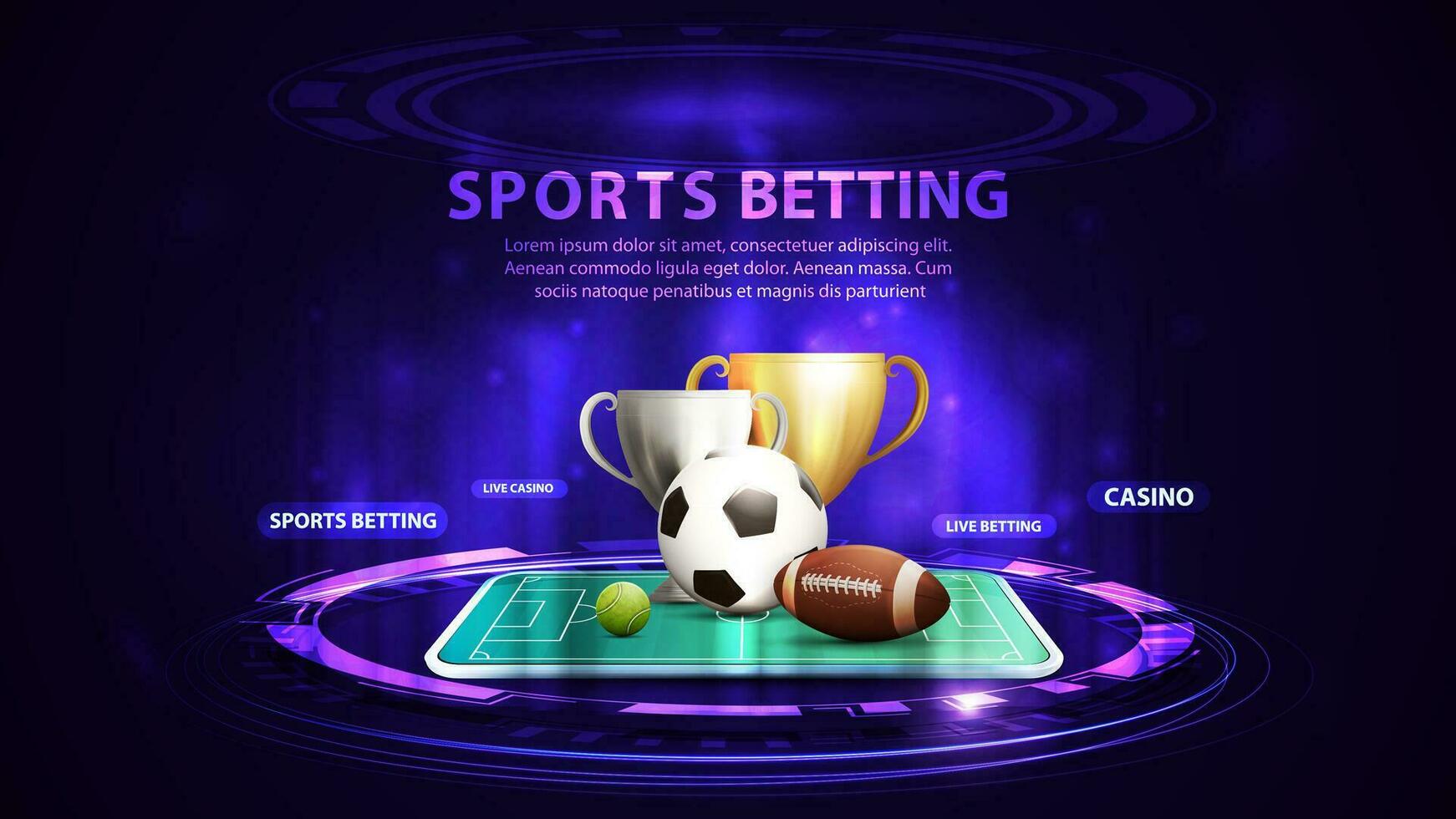 Deportes apuesta, bandera para sitio web con fútbol americano pelotas en teléfono inteligente en azul y rosado digital podio con holograma de digital anillos vector