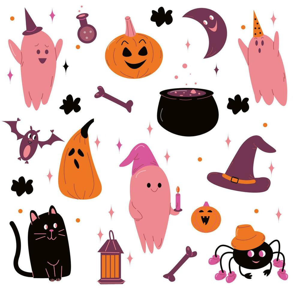 vector set for Halloween with cute ghosts, pumpkins, cat, bat, hat and other cute element in pink color