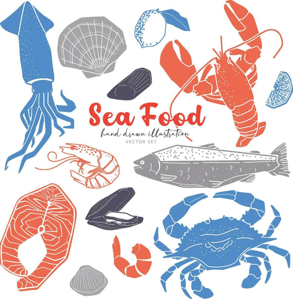 Seafood hand drawn illustration vectors set