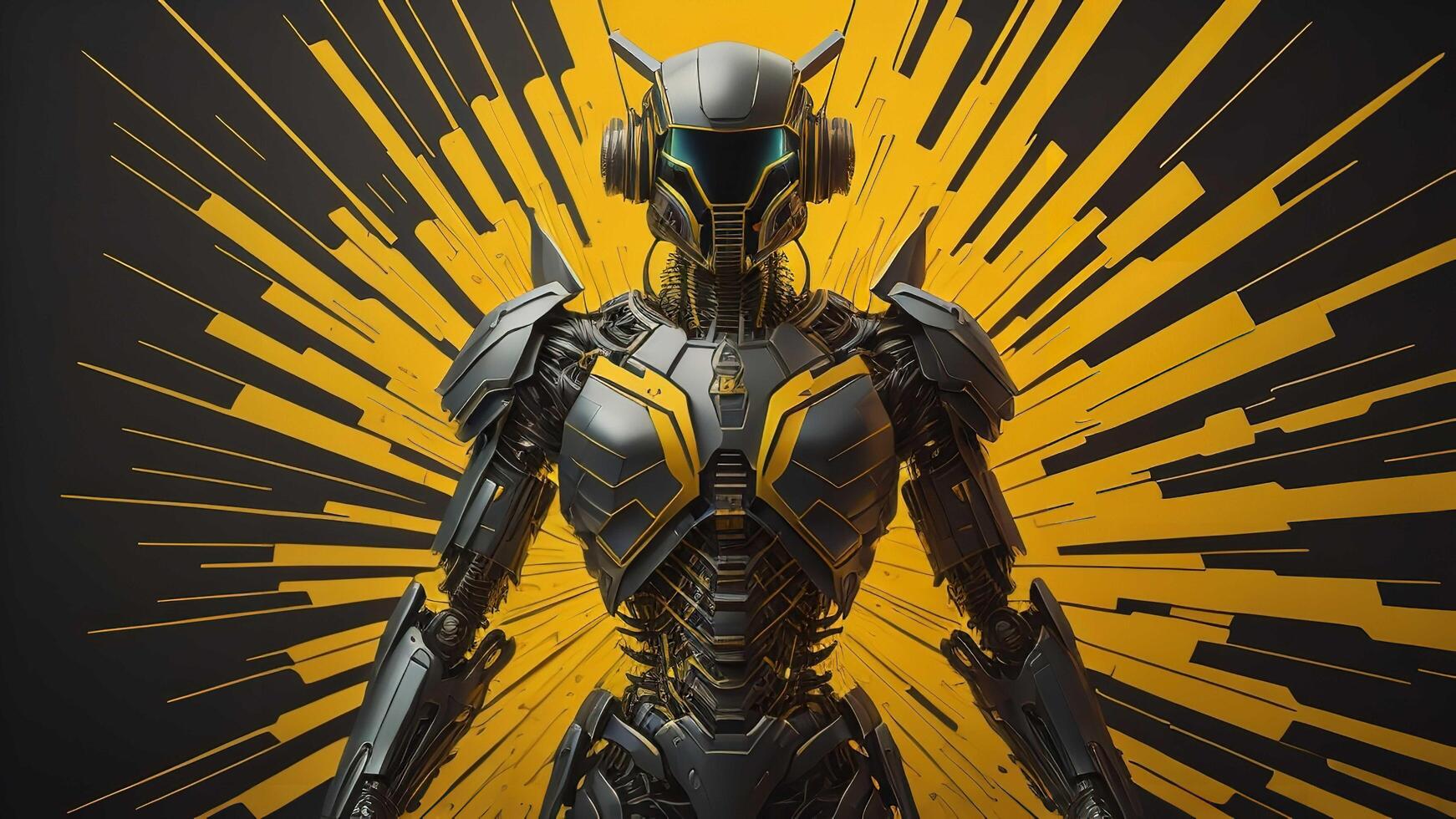 a female robot with yellow rays in the background. photo
