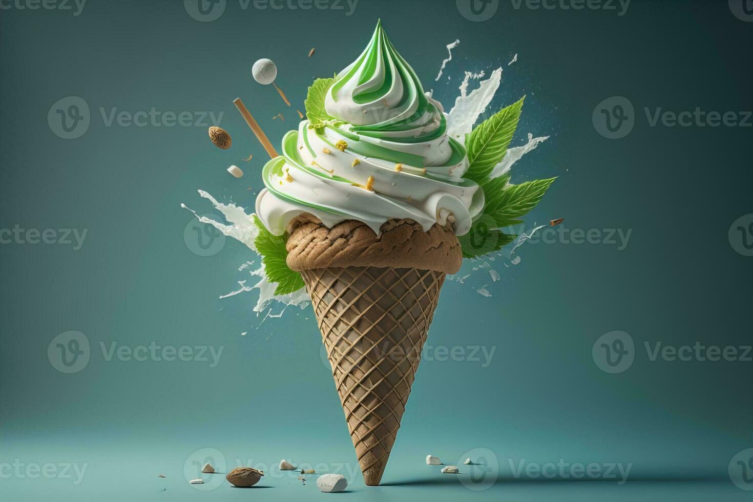Ice cream in waffle cone on blue background, top view, flat lay. ai generative photo