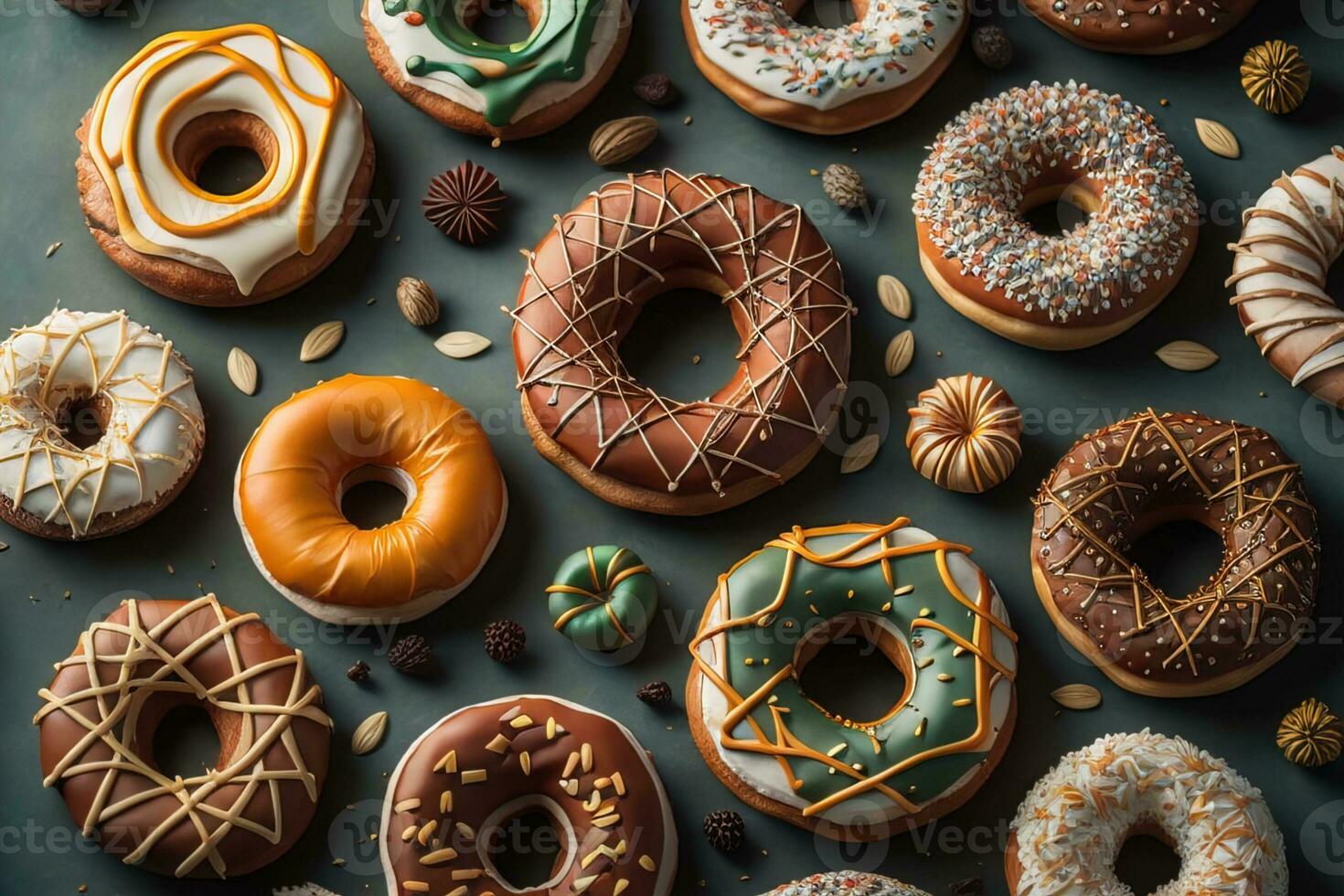 Variety of donuts on a solid color background. Top view. ai generative photo