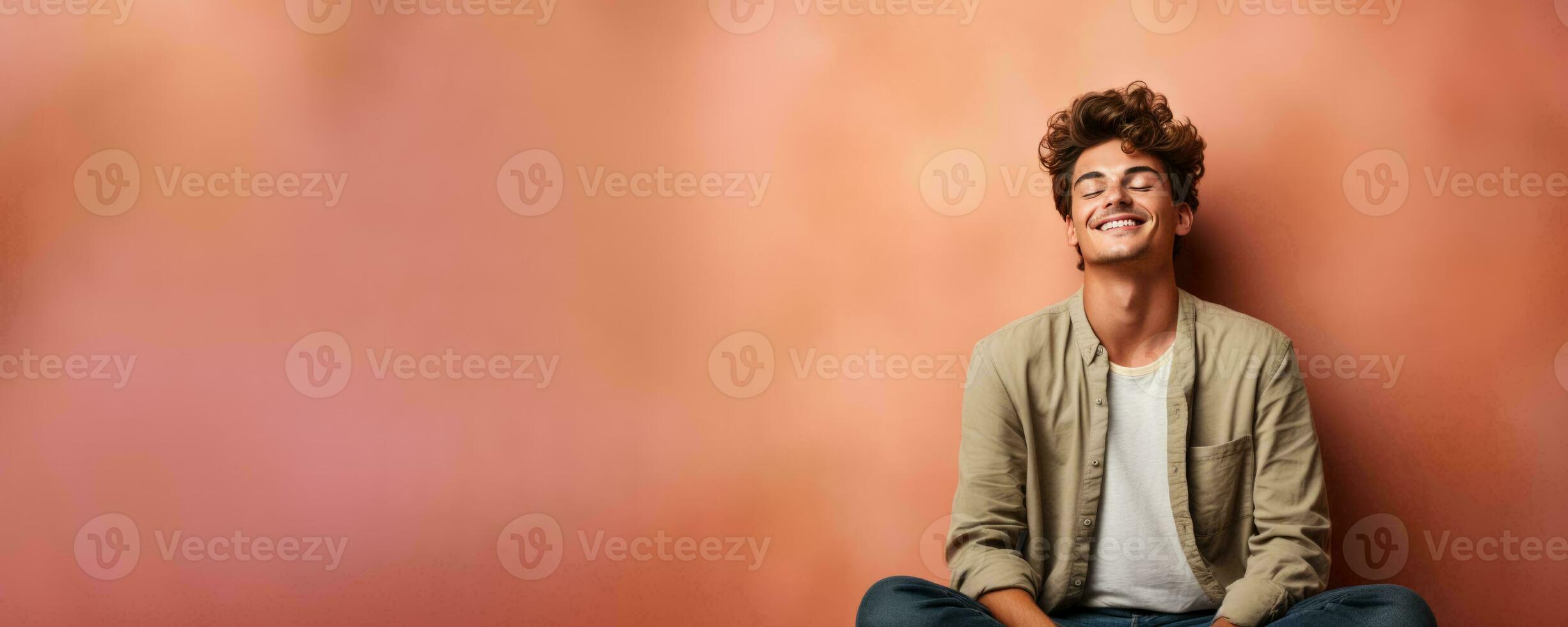 handsome young man meditating on solid pastel background photo