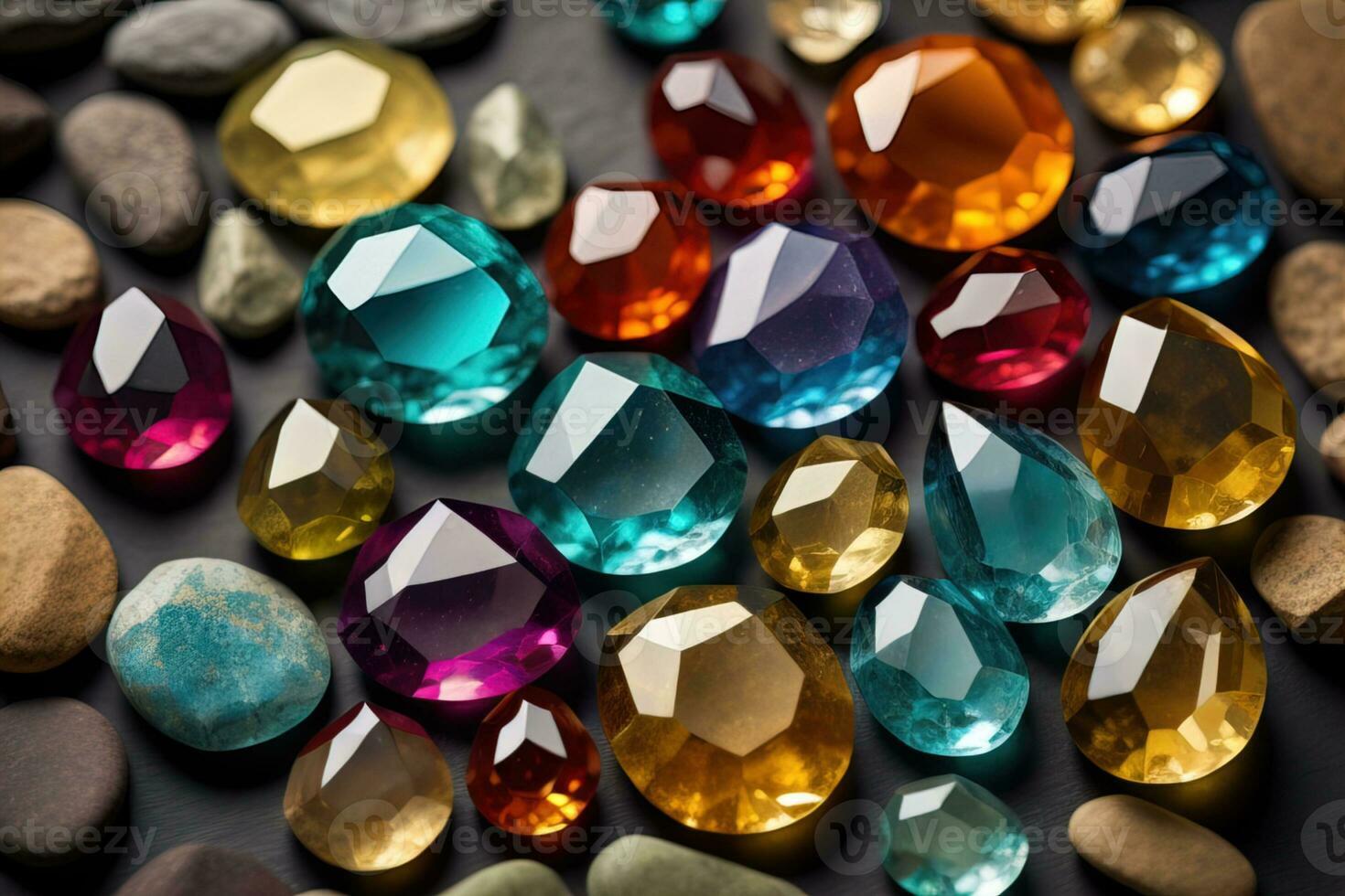 Colorful gemstones on black wooden table, close-up. ai generative photo